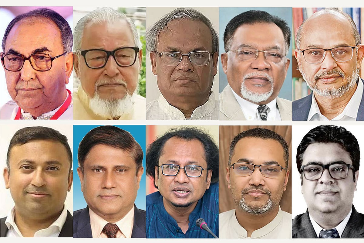 উপরে বাঁ থেকে মির্জা আব্বাস উদ্দিন আহমেদ, নজরুল ইসলাম খান, রুহুল কবির রিজভী আহমেদ, মো. ইসমাইল জবিউল্লাহ ও রাশেদ আল মাহমুদ তিতুমীর; নিচে বাঁ থেকে হুমায়ুন কবির, ব্রিগেডিয়ার জেনারেল (অব.) শামসুল ইসলাম, জাহেদ উর রহমান, মাহাদি আমিন ও রেহান আসিফ আসাদ