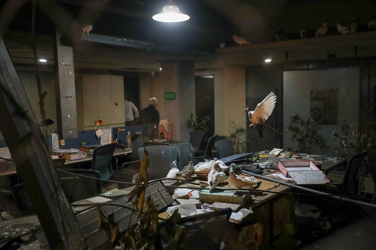 ভাঙচুর করা ও এলোমেলোভাবে ছড়িয়ে–ছিটিয়ে থাকা জিনিসপত্রের ওপর রয়েছে একঝাঁক কবুতর। রাজধানীর কারওয়ান বাজারে পুড়িয়ে দেওয়া প্রথম আলো ভবনে