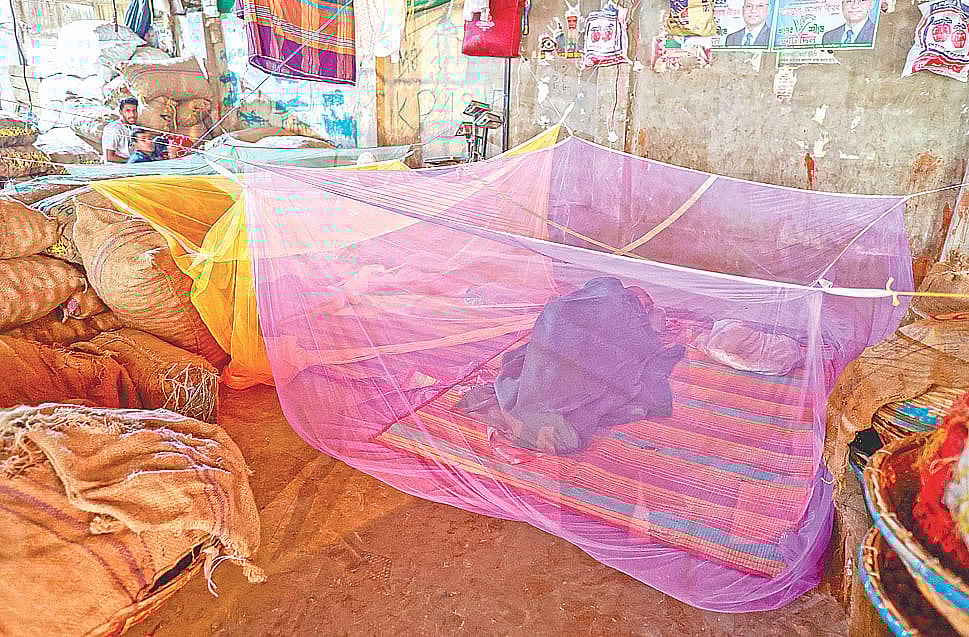 মশার উপদ্রব থেকে বাঁচতে দিনের বেলায় মশারি টানিয়ে ঘুমাচ্ছেন দিনমজুরেরা। গতকাল বিকেলে রাজধানীর কারওয়ান বাজারে