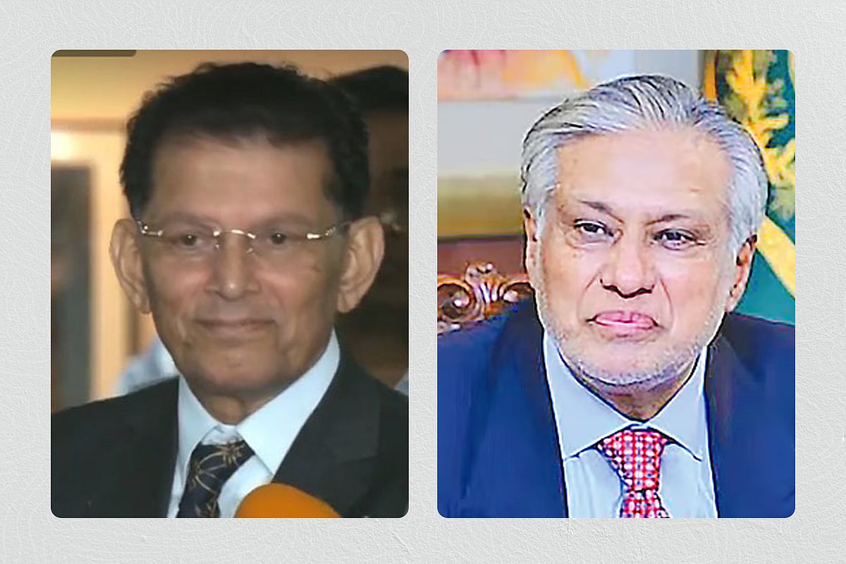 পররাষ্ট্রমন্ত্রী খলিলুর রহমান ও পাকিস্তানের পররাষ্ট্রমন্ত্রী ইসহাক দার (ডানে)।