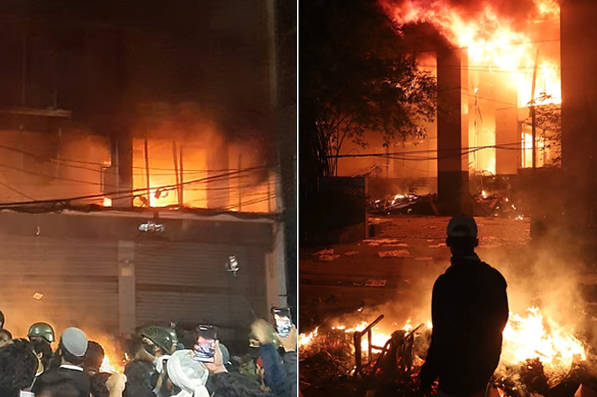 প্রথম আলো (বাঁয়ে) ও ডেইলি স্টারে (ডানে) গত ১৮ ডিসেম্বর সংঘবদ্ধ উগ্রবাদীরা হামলা চালিয়ে ভাঙচুর ও লুটপাট করে আগুন দেয়