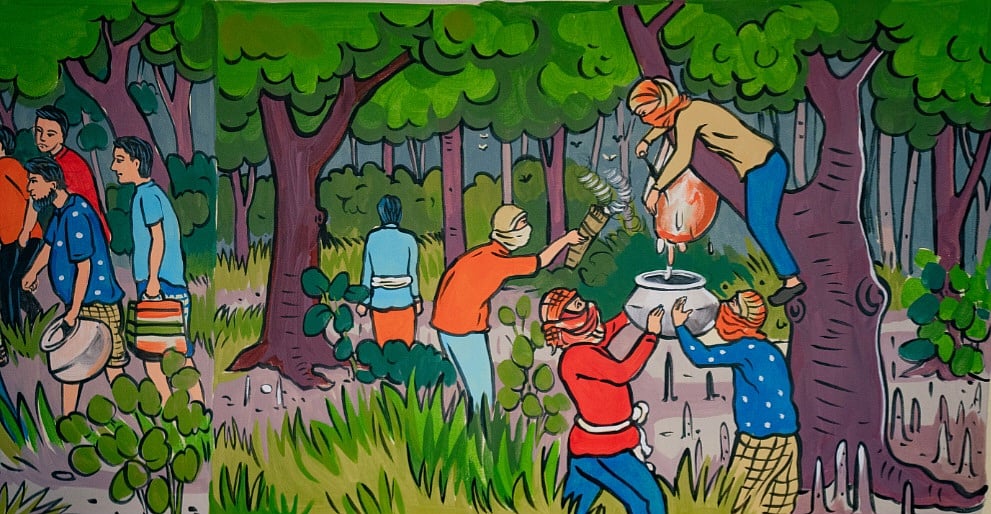 ‘মধু সংগ্রাহকে চক্র’ পটচিত্রের একটি প্যানেল। শিল্পী কালী কিংকর সর্দার