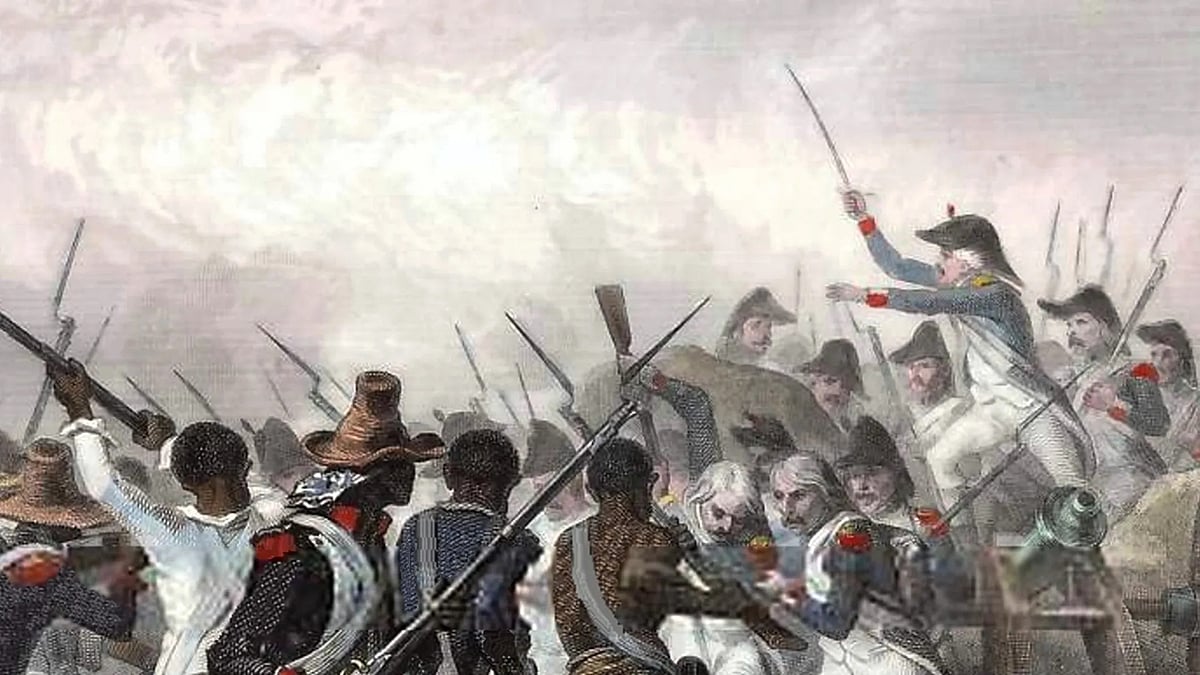 শিল্পীর আঁকায় ঔপনিবেশিক শাসক ফ্রান্সের সঙ্গে যুদ্ধে হাইতির যোদ্ধারা