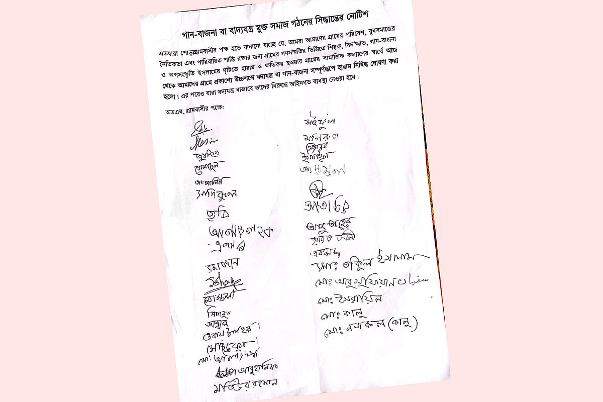গানবাজনা নিষিদ্ধ ঘোষণা করে মসজিদ কমিটির জারি করা নোটিশ
