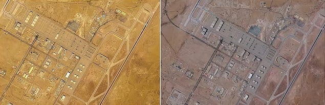 সৌদি আরবের প্রিন্স সুলতান বিমানঘাঁটি উড়োজাহাজের অবস্থান। বাঁয়ে গত ১৭ ফেব্রুয়ারির স্যাটেলাইট চিত্রের দৃশ্য, আর ডানে ২১ ফেব্রুয়ারির দৃশ্য 

