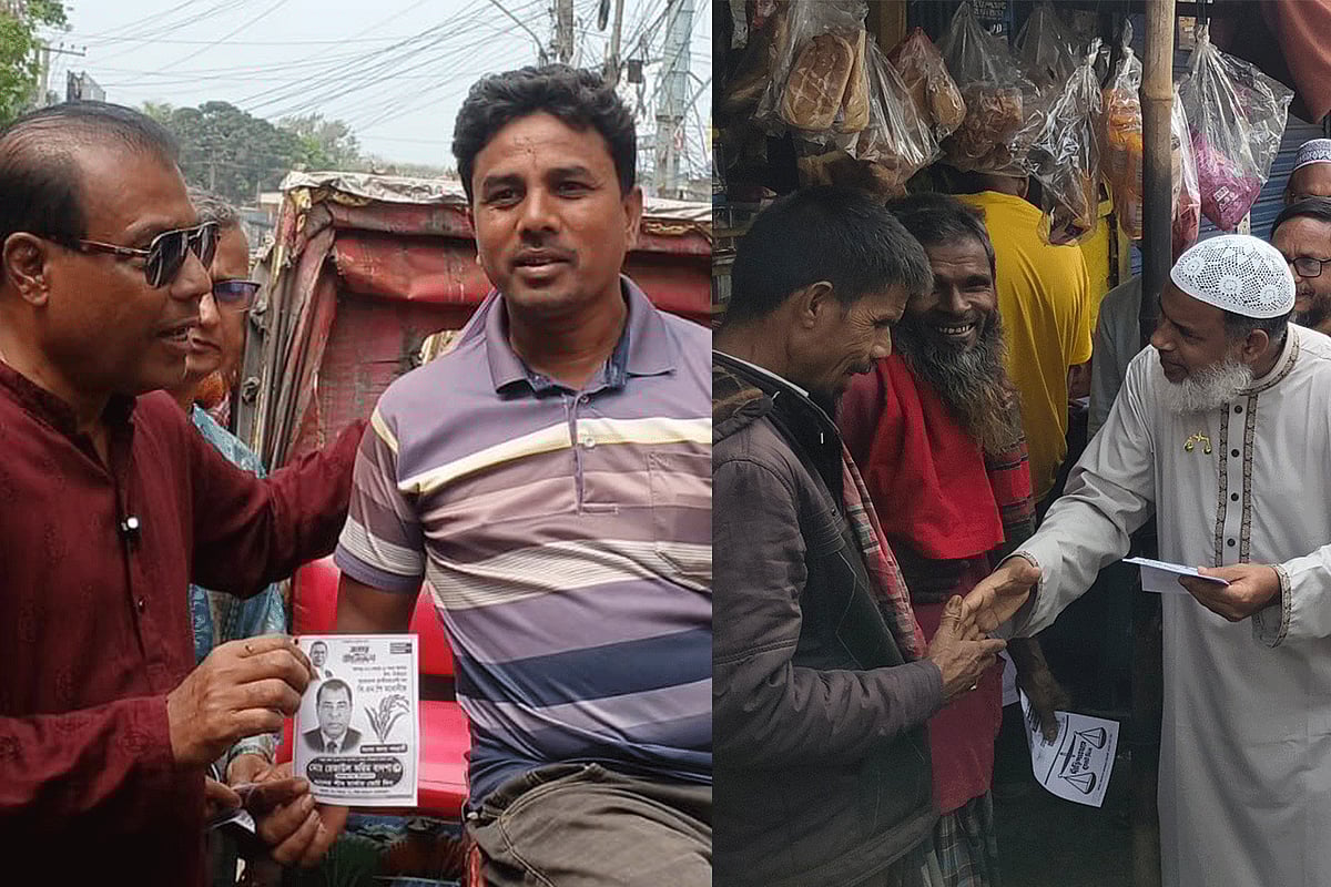 বগুড়ায় ভোটারদের মধ্যে লিফলেট বিতরণ করেন বিএনপির মনোনীত প্রার্থী রেজাউল করিম (বামে) ও জামায়াতে ইসলামী মনোনীত প্রার্থী আবিদুর রহমান। আজ সোমবার