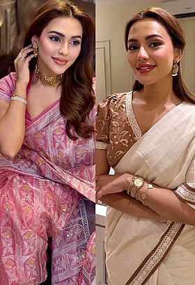 ভিন্ন দুই শাড়ির সাজে নুসরাত ফারিয়া