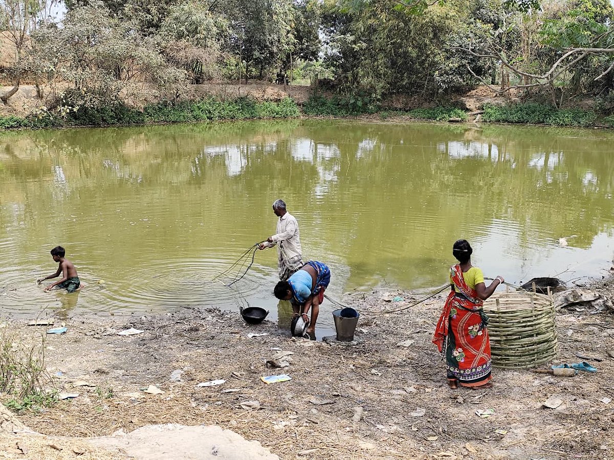 পুকুরের পানিতে ধোয়ামোছার কাজ করছেন কয়েকজন স্থানীয় বাসিন্দা। নওগাঁর নিয়ামতপুর উপজেলার হাজিনগর ইউনিয়নের গণপুর গ্রামে