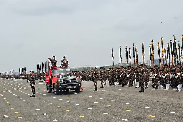 মহান স্বাধীনতা দিবস উপলক্ষে জাতীয় প্যারেড স্কয়ার গ্রাউন্ডে কুচকাওয়াজের প্রস্তুতি। ঢাকা, ১৪ মার্চ