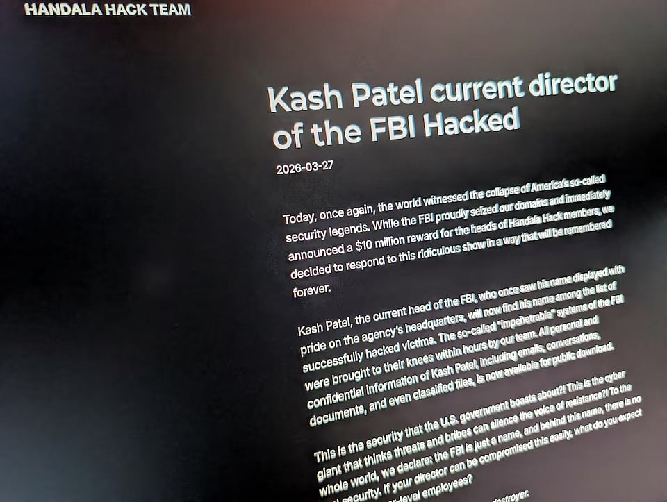 ইরান-সংশ্লিষ্ট হ্যাকার গোষ্ঠী হানদালা হ্যাক টিমের ওয়েবসাইট। তারা এফবিআই পরিচালক ক্যাশ প্যাটেলের ব্যক্তিগত ই–মেইল হ্যাক করার দাবি করেছে