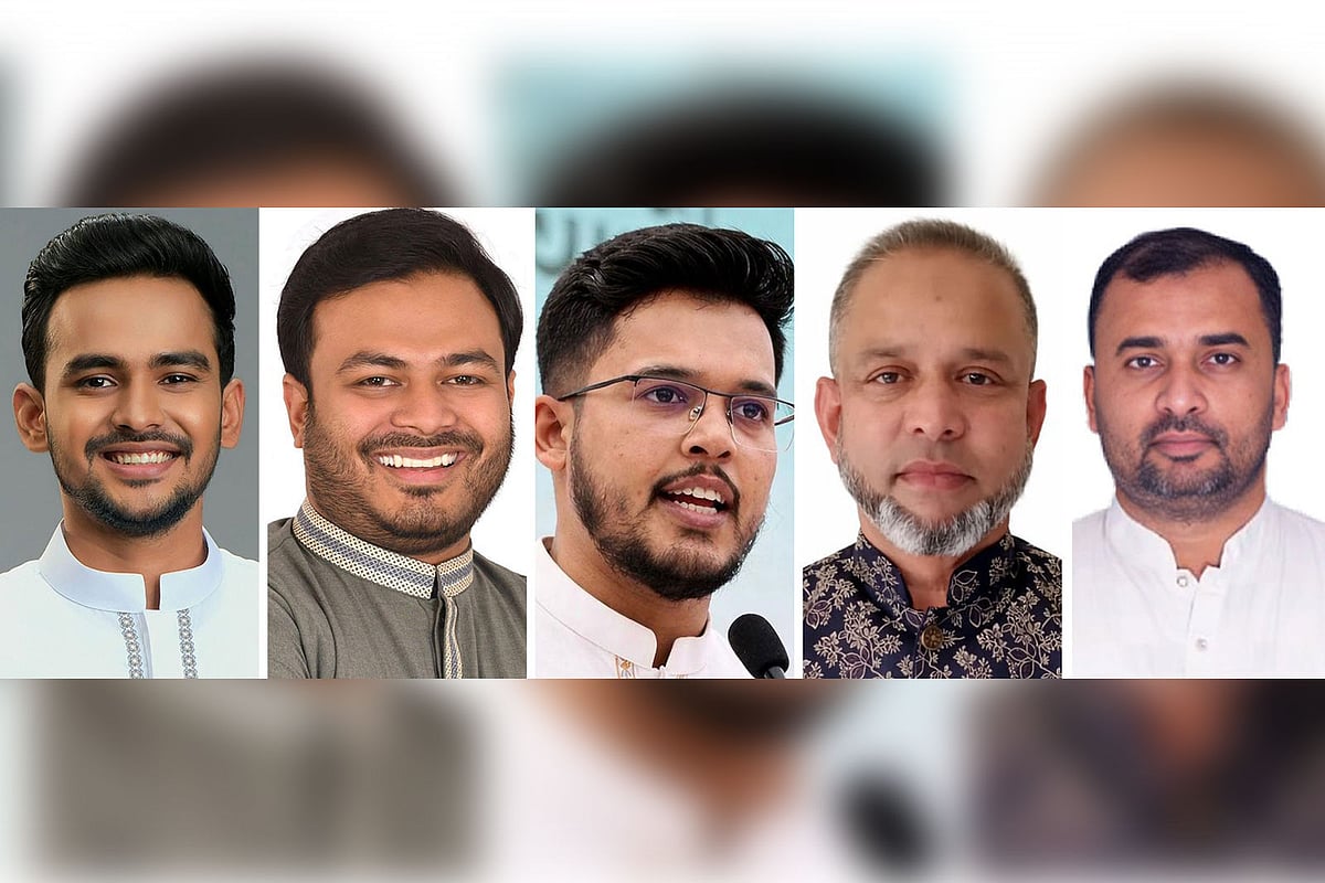 পাঁচ সিটিতে মেয়র পদে এনসিপির প্রার্থীরা হলেন বাঁ থেকে আসিফ মাহমুদ সজীব ভুঁইয়া, আরিফুল ইসলাম আদীব, তারিকুল ইসলাম, আবদুর রহমান আফজাল ও মো. মোবাশ্বের আলী