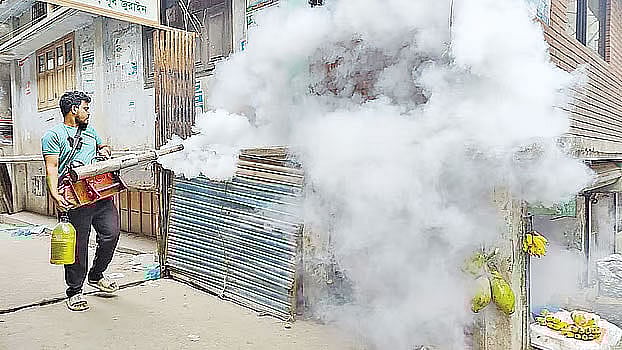 ঢাকা দক্ষিণ সিটি করপোরেশনের পূর্ব জুরাইনে মশা নিধনে ফগিংয়ে সিটি করপোরেশনের একজন কর্মী