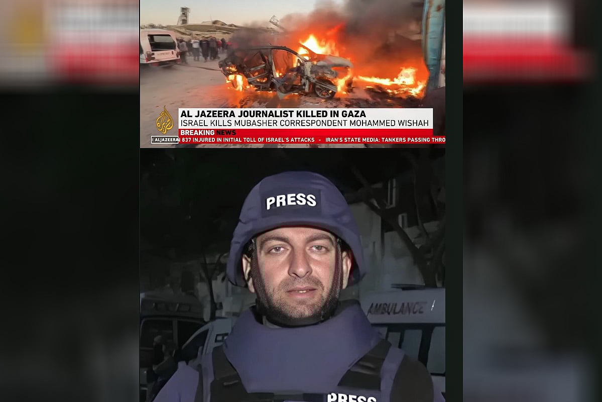 ইসরায়েলি ড্রোন হামলায় নিহত আল–জাজিরার সাংবাদিক মোহাম্মদ উইশাহ। উপরে জ্বলছে তাঁকে বহনকরা গাড়ি