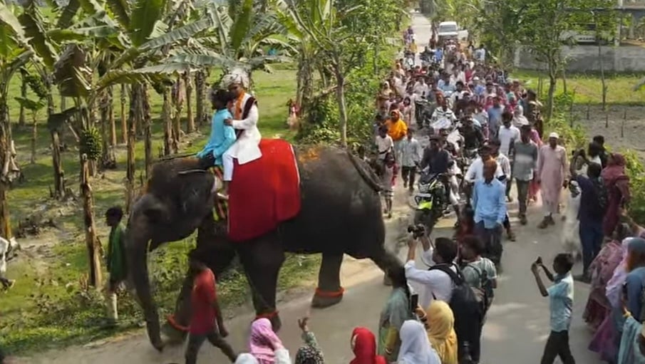 হাতির পিঠে চড়ে বর যাচ্ছেন কনের বাড়িতে। গতকাল জয়পুরহাট সদর উপজেলার সোনারপাড়া গ্রামে