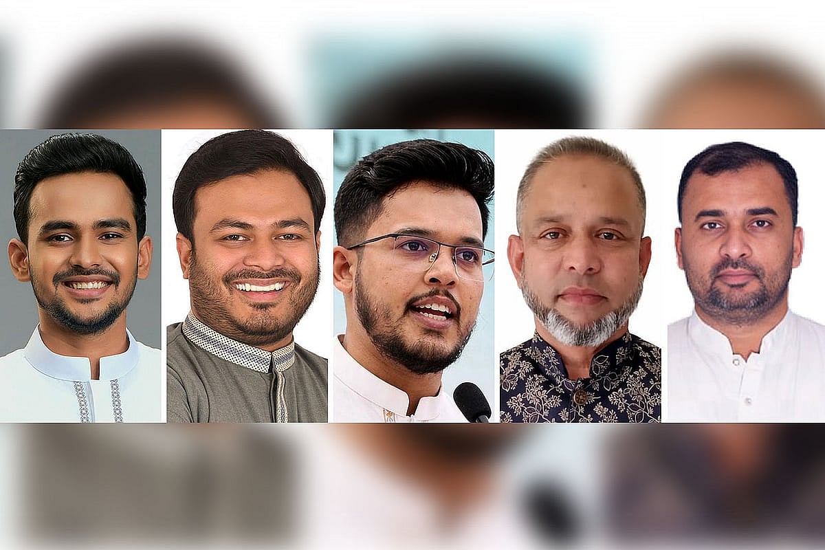 পাঁচ সিটিতে মেয়র পদে এনসিপির প্রার্থীরা– (বাঁ থেকে) আসিফ মাহমুদ সজীব ভুঁইয়া, আরিফুল ইসলাম আদীব, তারিকুল ইসলাম, আবদুর রহমান আফজাল ও মো. মোবাশ্বের আলী