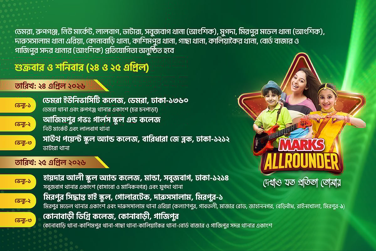 চলছে দেশের অন্যতম বড় প্ল্যাটফর্ম ‘মার্কস অলরাউন্ডার’ প্রতিযোগিতার আঞ্চলিক পর্ব। প্লে গ্রুপ থেকে দ্বাদশ শ্রেণি এবং সমমানের শিক্ষার্থীরা এতে অংশ নিতে পারবে