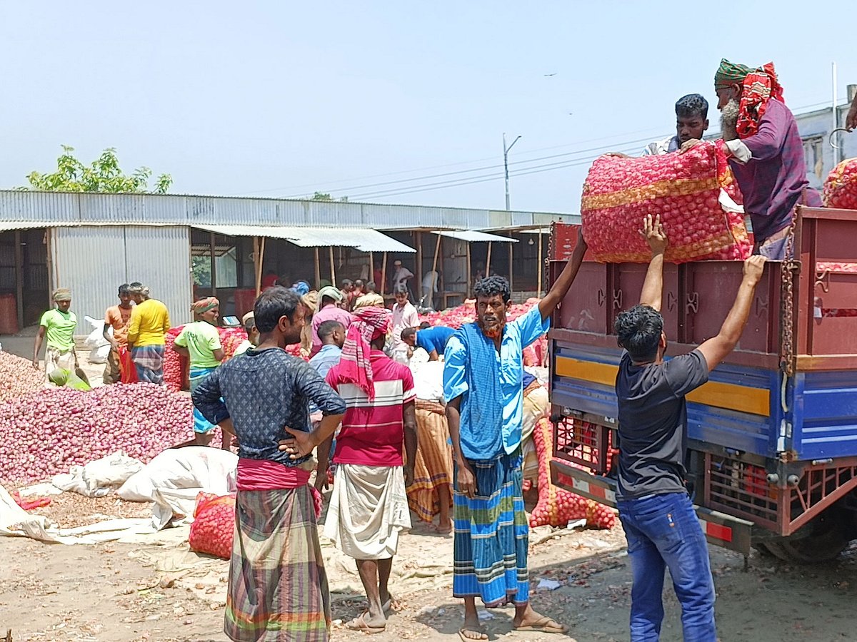 পাবনার সাঁথিয়া উপজেলার করমজা চতুরহাটে পেঁয়াজের বেচাকেনার দৃশ্য। আজ সোমবার তোলা