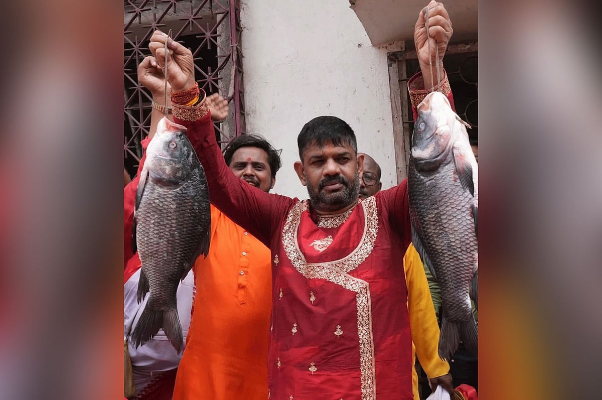 বিজেপির প্রার্থী রাকেশ সিং মাছ নিয়ে নির্বাচনে প্রচার চালাচ্ছেন