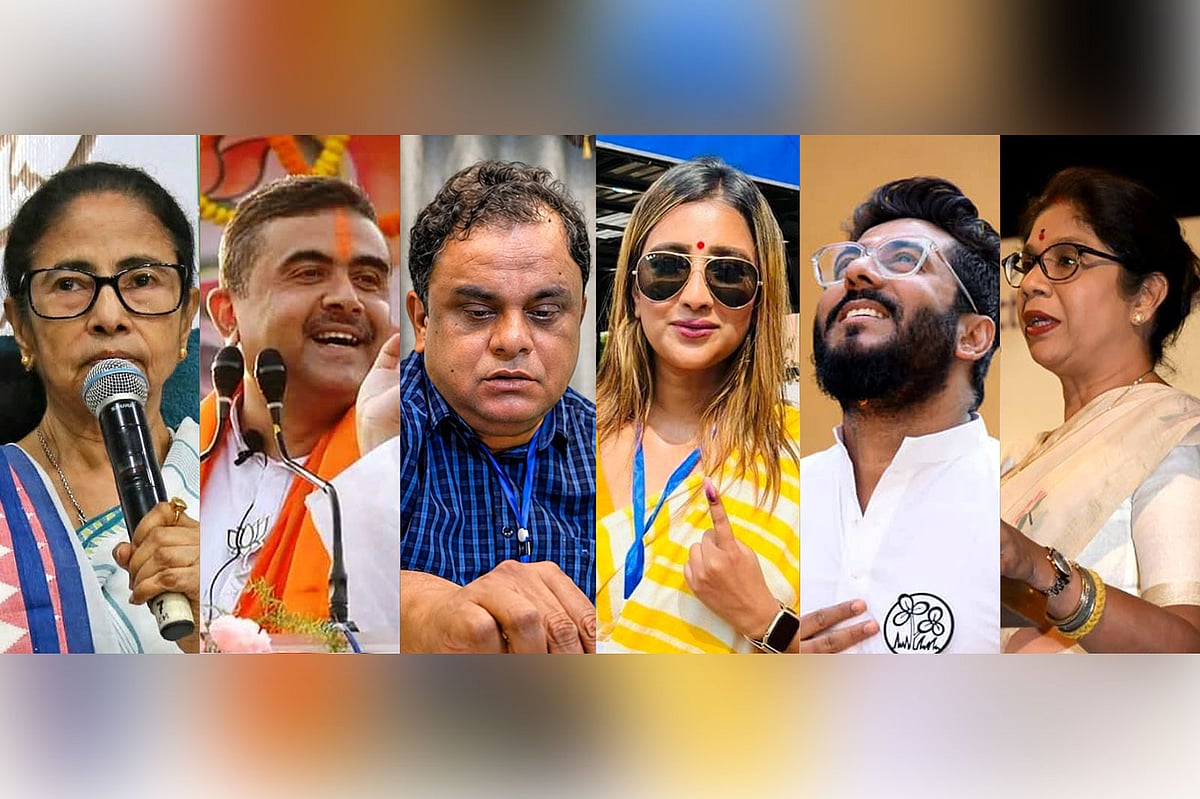 (বাঁ থেকে) মমতা বন্দ্যোপাধ্যায়, শুভেন্দু অধিকারী, ব্রাত্য বসু, সায়ন্তিকা বন্দ্যোপাধ্যায়, রাজ চক্রবর্তী ও শশী পাঁজা