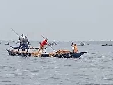 সুনামগঞ্জের বরাম হাওরে ডুবে যাওয়া কৃষকের জমির ধান দল বেঁধে কেটে নিচ্ছিলেন কয়েকজন। গতকাল মঙ্গলবার দুপুরে তোলা