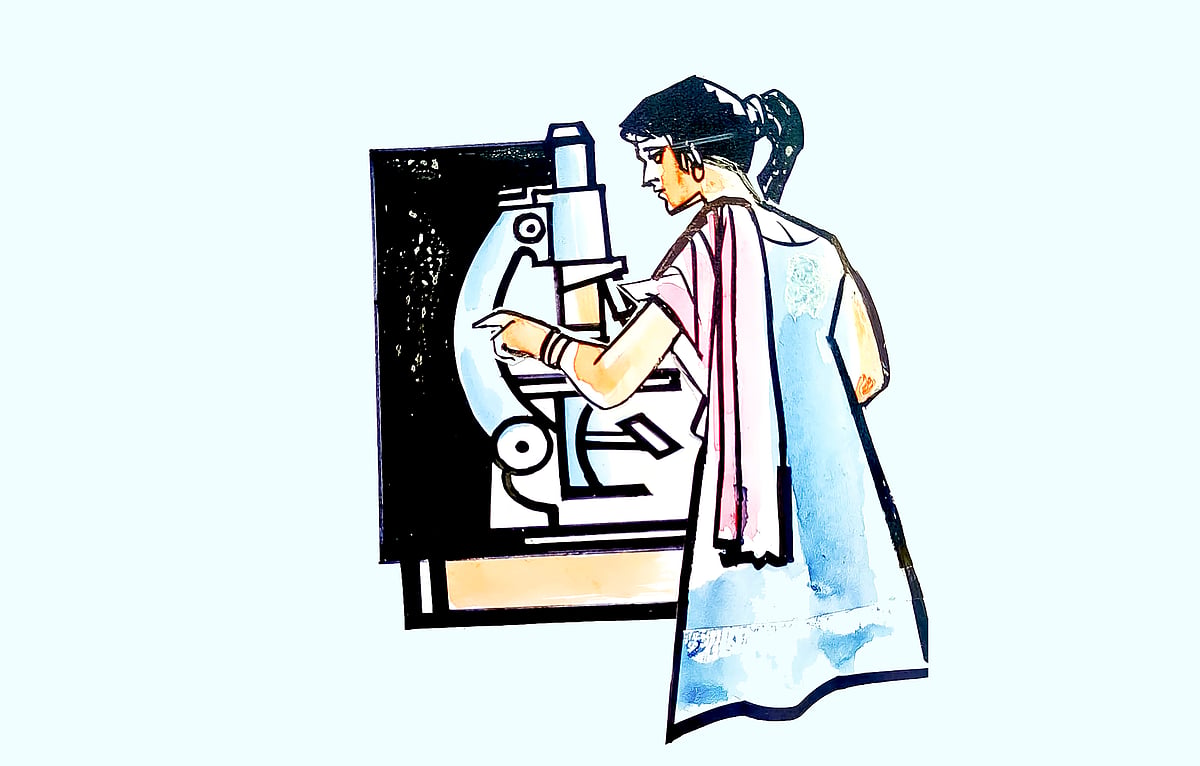 পরীক্ষার্থী গবেষণাগারে অণুবীক্ষণ যন্ত্র দিয়ে পরীক্ষা করছে