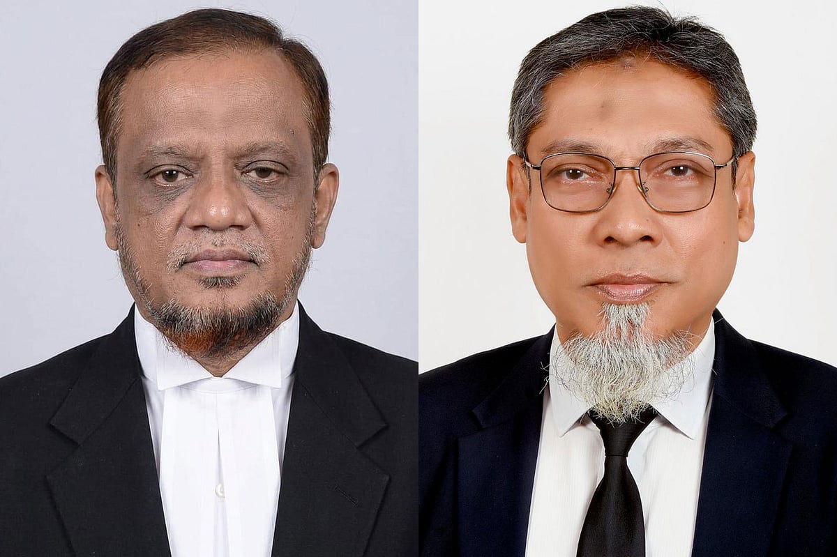 চট্টগ্রাম আইনজীবী সমিতির সভাপতি পদে তারিক আহমদ (বাঁয়ে) ও সাধারণ সম্পাদক পদে মো. মঈনুদ্দীন বিনা প্রতিদ্বন্দ্বিতায় নির্বাচিত হয়েছেন