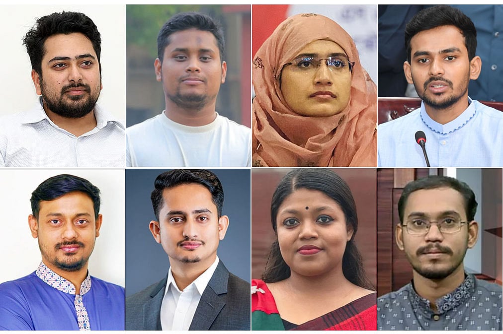 (উপরে বাঁ থেকে) নাহিদ ইসলাম, হাসনাত আবদুল্লাহ, সামান্তা শারমিন ও আসিফ মাহমুদ সজীব ভুঁইয়া, (নিচে বাঁ থেকে) নাসীরুদ্দীন পাটওয়ারী, সারজিস আলম, নুসরাত তাবাসসুম ও আবদুল হান্নান মাসউদ