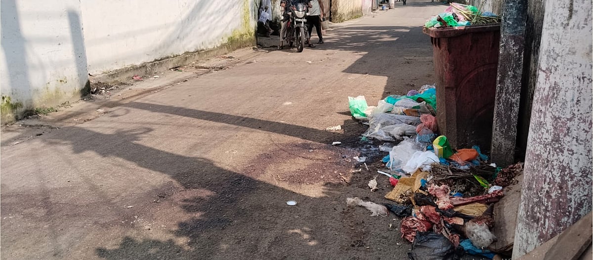 সিলেট নগরের বারুতখানা এলাকায় একটি অস্থায়ী ডাস্টবিনের পাশে পড়ে আছে কোরবানির বর্জ্য। শুক্রবার বেলা ২টা ৪৫ মিনিটে