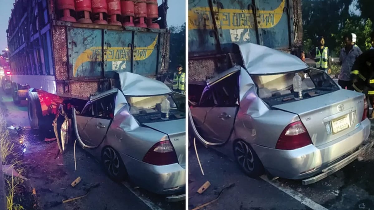 এক্সপ্রেসওয়েতে দাঁড়িয়ে থাকা গ্যাস সিলিন্ডারবোঝাই ট্রাকের পেছনে ধাক্কা দেয় প্রাইভেটকার। গতকাল রাতে