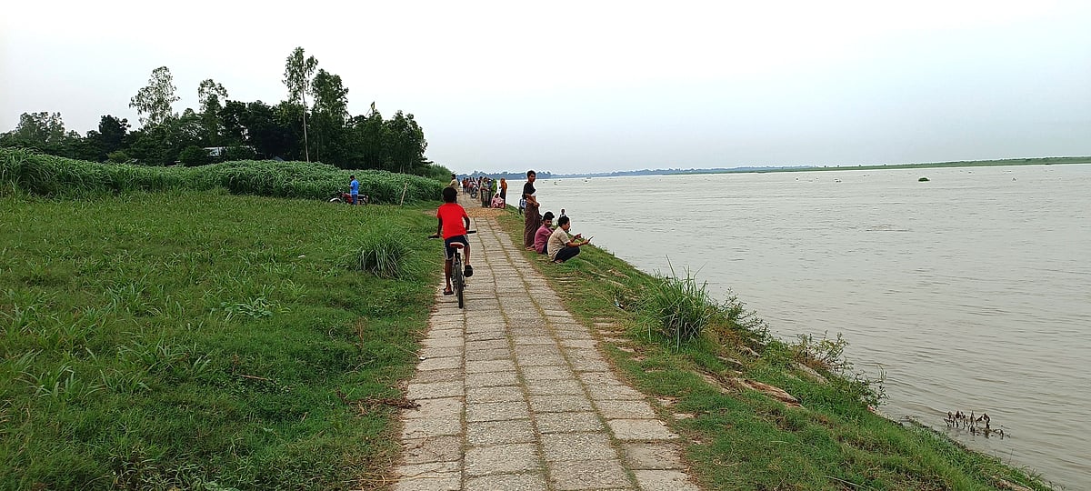 যমুনা নদীর পাড়ে বাঁধানো কংক্রিটের ছোট রাস্তার এক পাশে নদীর বিস্তীর্ণ জলরাশি, অন্য পাশে সবুজ ফসলের মাঠ