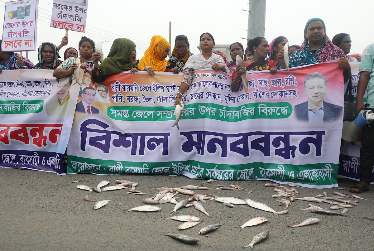 সড়কে মাছ ও বরফ ছিটিয়ে ‘চাঁদাবাজির’ প্রতিবাদ জানালেন জেলেরা