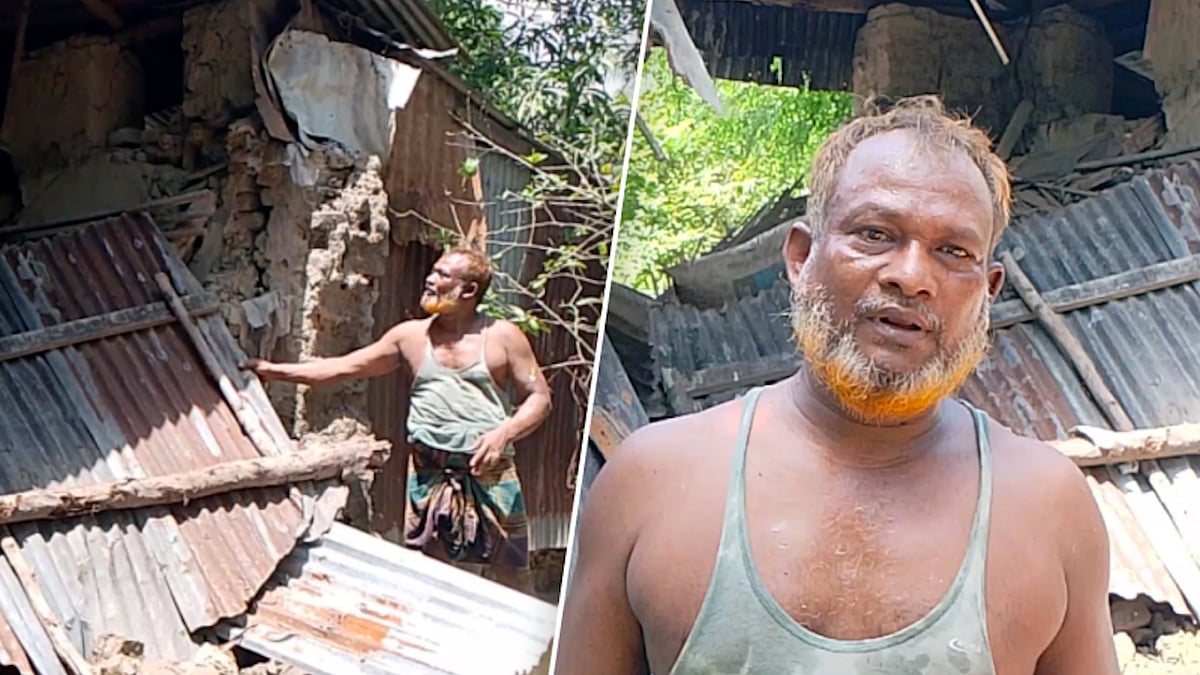 ঘরে ঢুকে পড়া বন্যার পানিতে ভেঙে পড়েছে দেয়াল, নিঃস্ব ইয়াসিন মিয়া