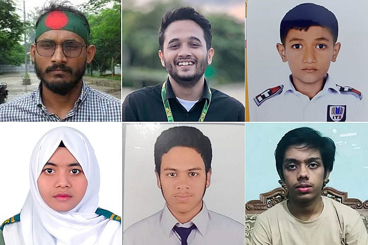 শহীদ আবু সাঈদ, মীর মাহফুজুর রহমান মুগ্ধ, রাকিব হাসান (ওপরে বাঁ থেকে), নাঈমা সুলতানা, ইমাম হাসান ভূঁইয়া, শাহারিয়ার খান আনাস (নিচে বাঁ থেকে)