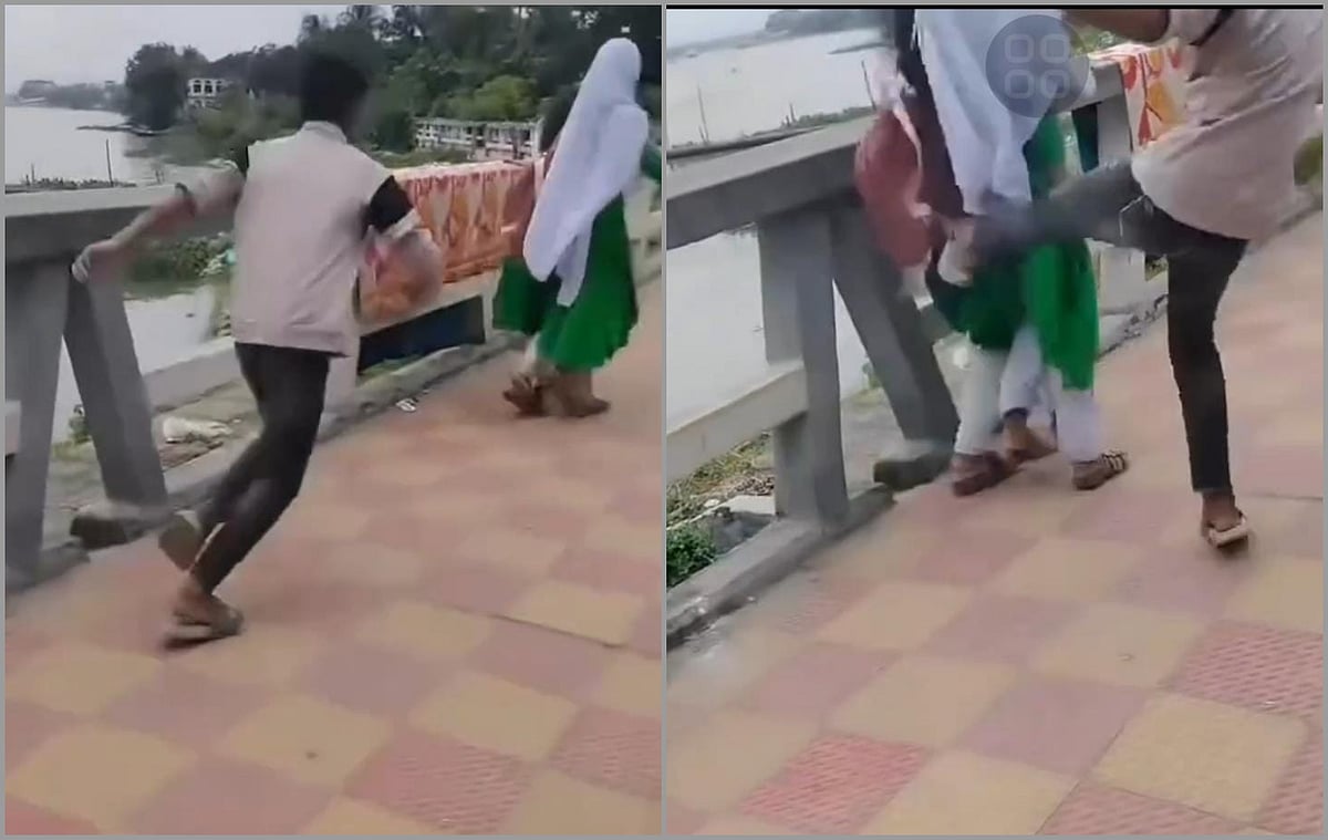 শীতলক্ষ্যা নদীর পাড়ের ওয়াকওয়েতে স্কুলড্রেস পরা এক ছাত্রীকে পেছন থেকে লাথি মারছে একটি ছেলে