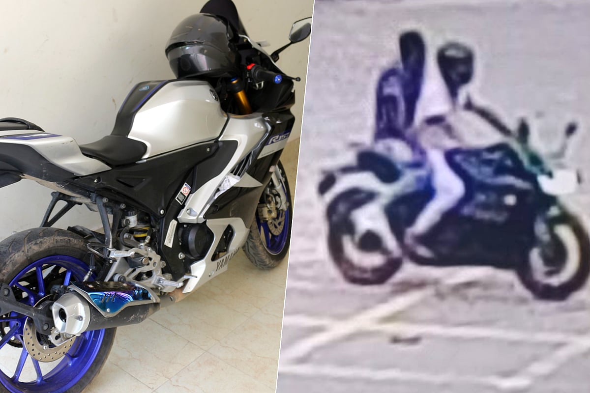 পুলিশের উদ্ধার করা সাদা রঙের মোটরসাইকেল (বাঁয়ে), আর সিসি ক্যামেরায় ধরা পড়া ফুটেজে দেখা যাচ্ছে নীল রঙের মোটরসাইকেল