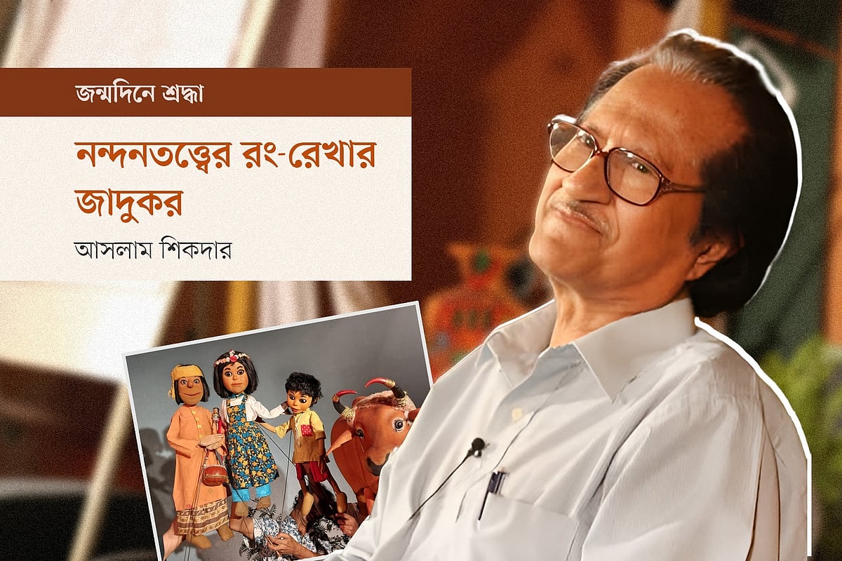 মুস্তাফা মনোয়ার (১ সেপ্টেম্বর ১৯৩৫—২৯ জুন ২০২৬) ও তাঁর সৃষ্ট প্যাপেট চরিত্রের প্রতিকৃতি অবলম্বনে গ্রাফিকস: প্রথম আলো