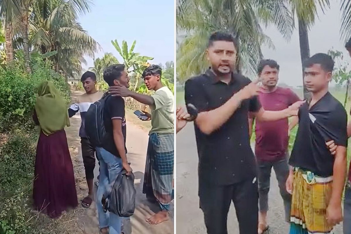 বেড়াতে যাওয়া তরুণ–তরুণীকে হেনস্তা করেন স্থানীয় দুই যুবক (বামে)। এ ঘটনার ভিডিও ছড়িয়ে পড়লে অভিযুক্ত দুই যুবককে আটক করে কান ধরে উঠবস ও নদীতে ডুব দেওয়ান স্থানীয় লোকজন (ডানে)