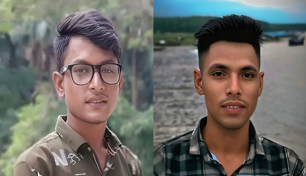 পটুয়াখালীর রাঙ্গাবালী উপজেলার মায়ারচর–সংলগ্ন বঙ্গোপসাগরের মোহনায় মাছ ধরার সময় বজ্রপাতে নিহত ইমন খান (বাঁয়ে) ও সাকিব সিকদার নামের দুই জেলের মৃত্যু হয়েছে