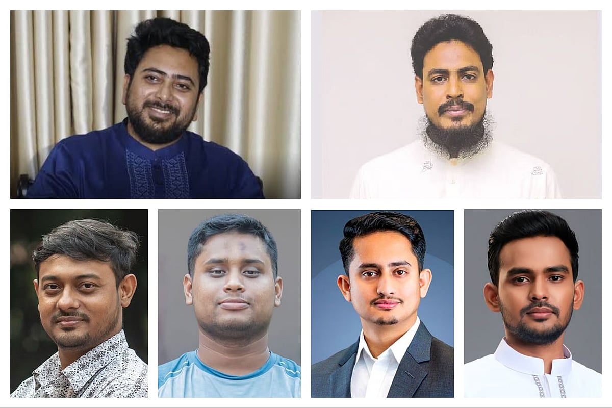 উপরে বাঁ থেকে নাহিদ ইসলাম ও আখতার হোসেন; নিচে বাঁ থেকে নাসীরুদ্দীন পাটওয়ারী, হাসনাত আবদুল্লাহ, সারজিস আলম ও আসিফ মাহমুদ সজীব ভুঁইয়া 
