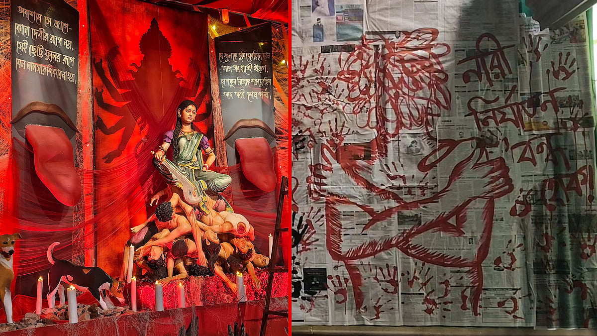 নারী নির্যাতনের প্রতিবাদে দুর্গাপূজার থিম ‘রক্তাঞ্জলি’