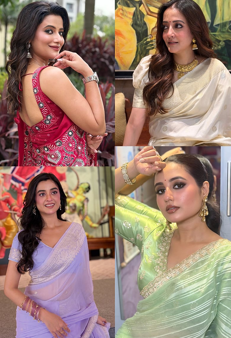 পূজার ফ্যাশনে শাড়িতেই আবেদন কাড়লেন টালি তারকারা
