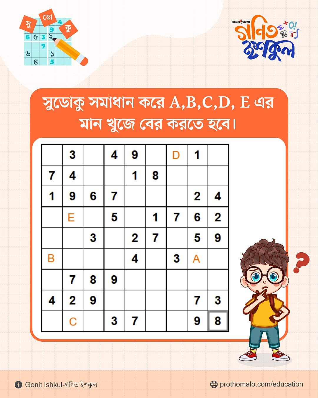 সুডোকু সমাধান করে A, B, C, D, E এর মান বের কর?