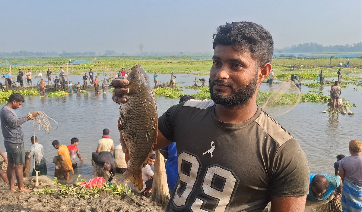 অনেকে মাছ না পেলেও রুহিয়া উপজেলার রামনাথের ইয়াসিন আলীর জালে ধরা পড়ে বড় একটি ‘জাপানি রুই’। গতকাল ঠাকুরগাঁও সদর উপজেলার বুড়ির বাঁধে