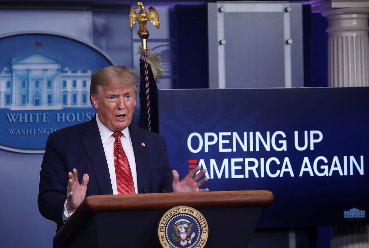 US president Donald Trump answers questions about his administration's plans for "Opening Up America Again" during the daily coronavirus task force briefing at the White House in Washington, US, on 16 April 2020.