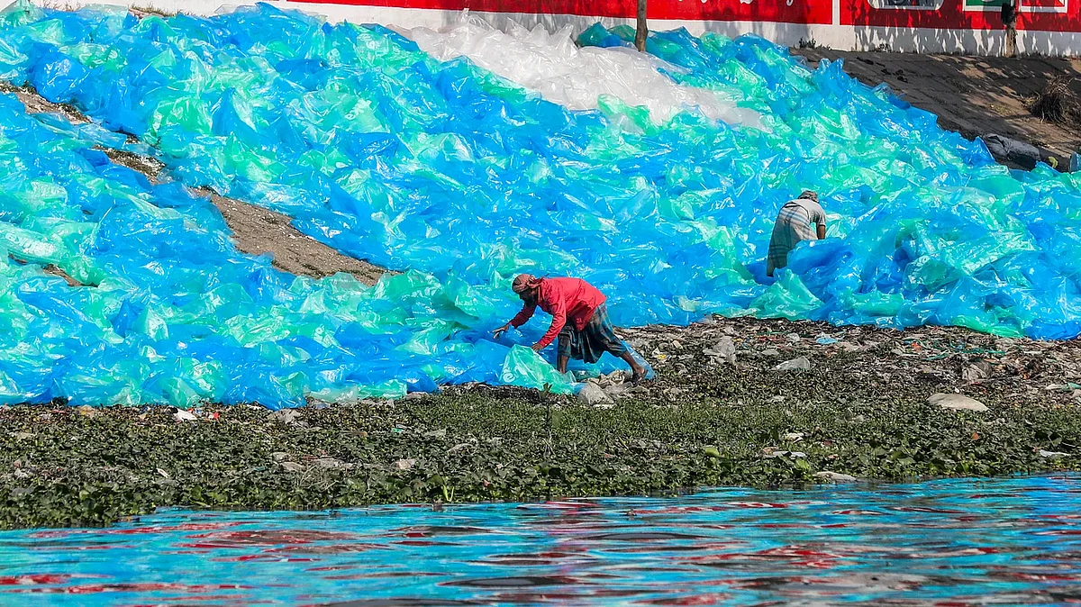 The waste polythene being dried on the river banks 