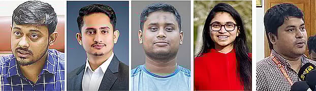 "(From left) NCP's Chief Coordinator Nasiruddin Patwari, Chief Organiser (Northern Region) Sarjis Alam, Chief Organiser (Southern Region) Hasnat Abdullah, Senior Joint Member Secretary Tasnim Jarah, and Tasnim Jarah’s husband and NCP’s Joint Convenor Khaled Saifullah. (File photo)"