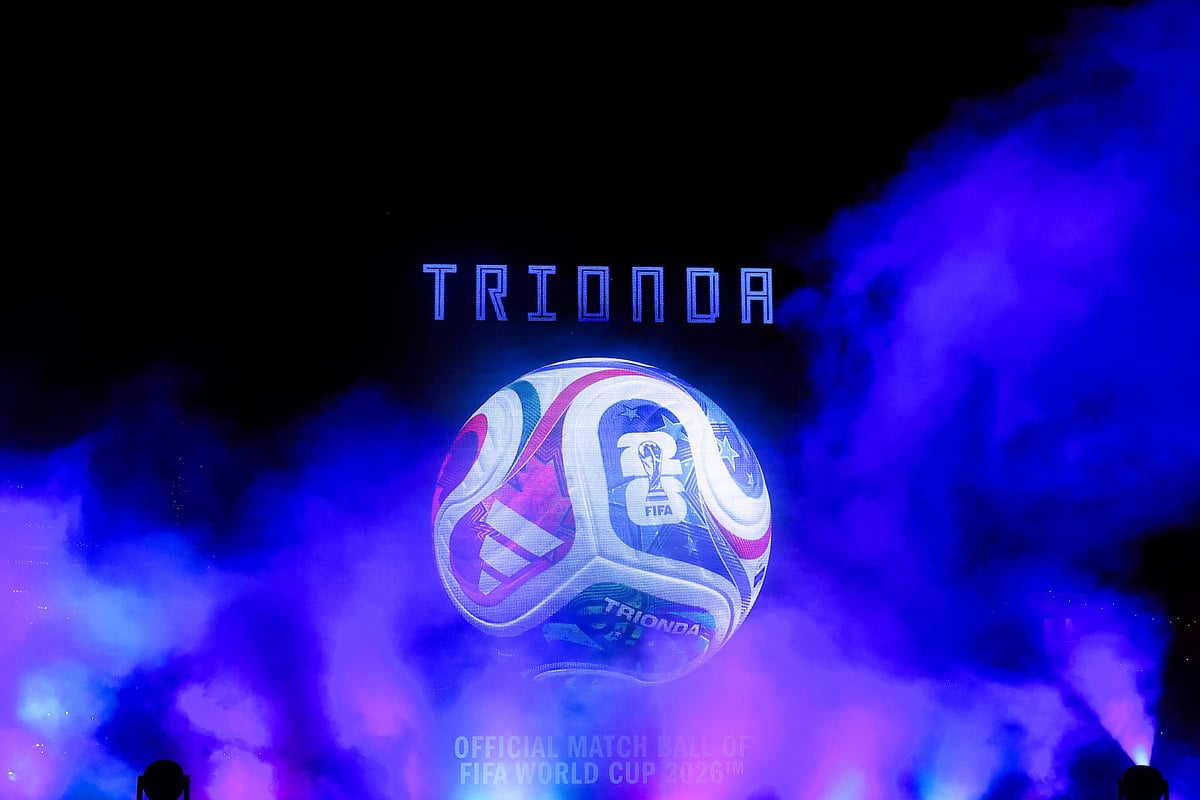 A large video screen shows the 2026 FIFA Men's World Cup match ball named Trionda during its unveiling in New York on 2 October, 2025. The 2026 FIFA Men's World Cup is scheduled to take place between June and July 2026, with matches being hosted in Mexico, Canada and the US.