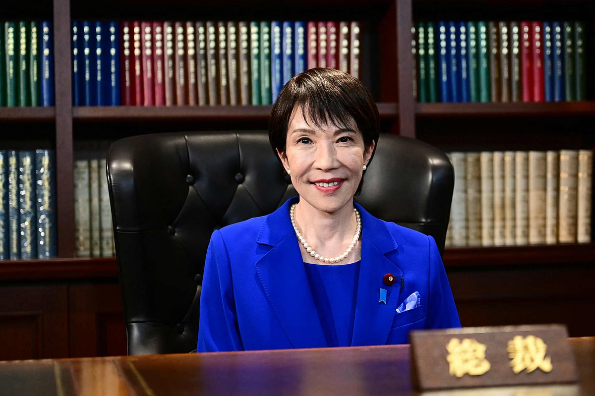 Sanae Takaichi, the newly elected leader of Japan's ruling party, the Liberal Democratic Party (LDP), poses in the party leader's office after the LDP leadership election in Tokyo on 4 October, 2025.
