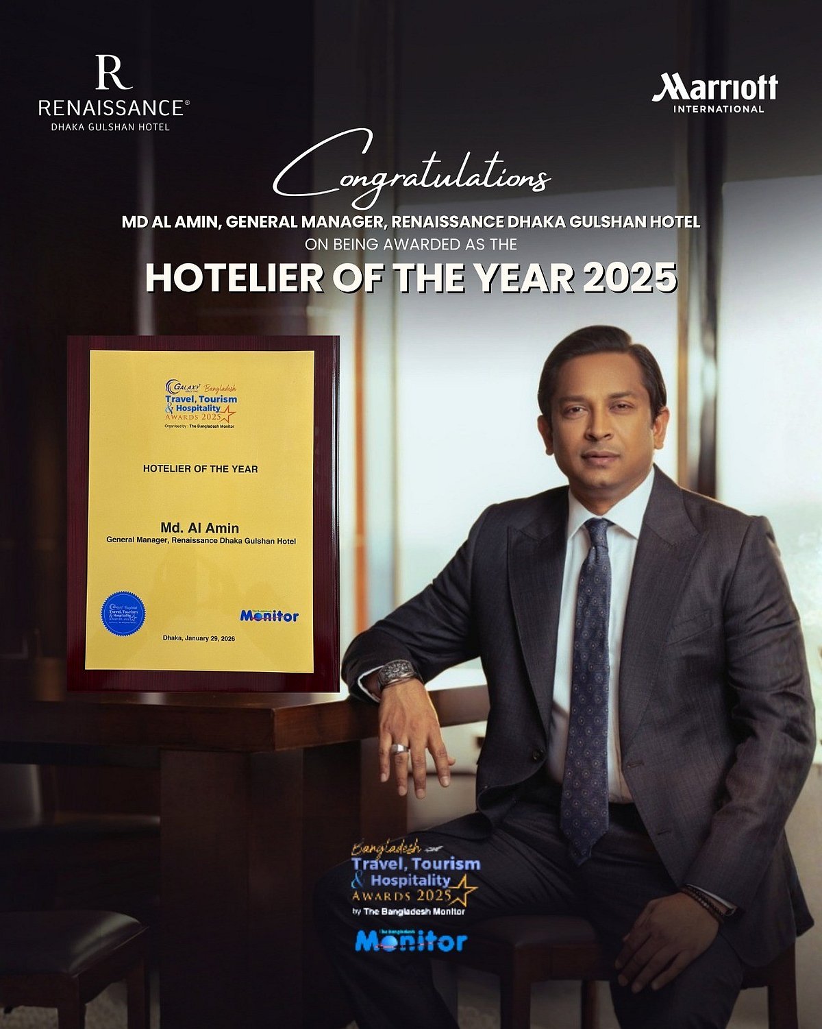 Renaissance Dhaka Gulshan Hotel's GM, Md Al Amin has been honored with the “Hotelier of the Year 2025” award. 