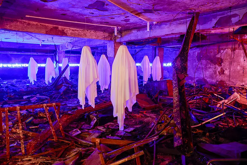 An artwork made of rubbles and debris of the burnt building